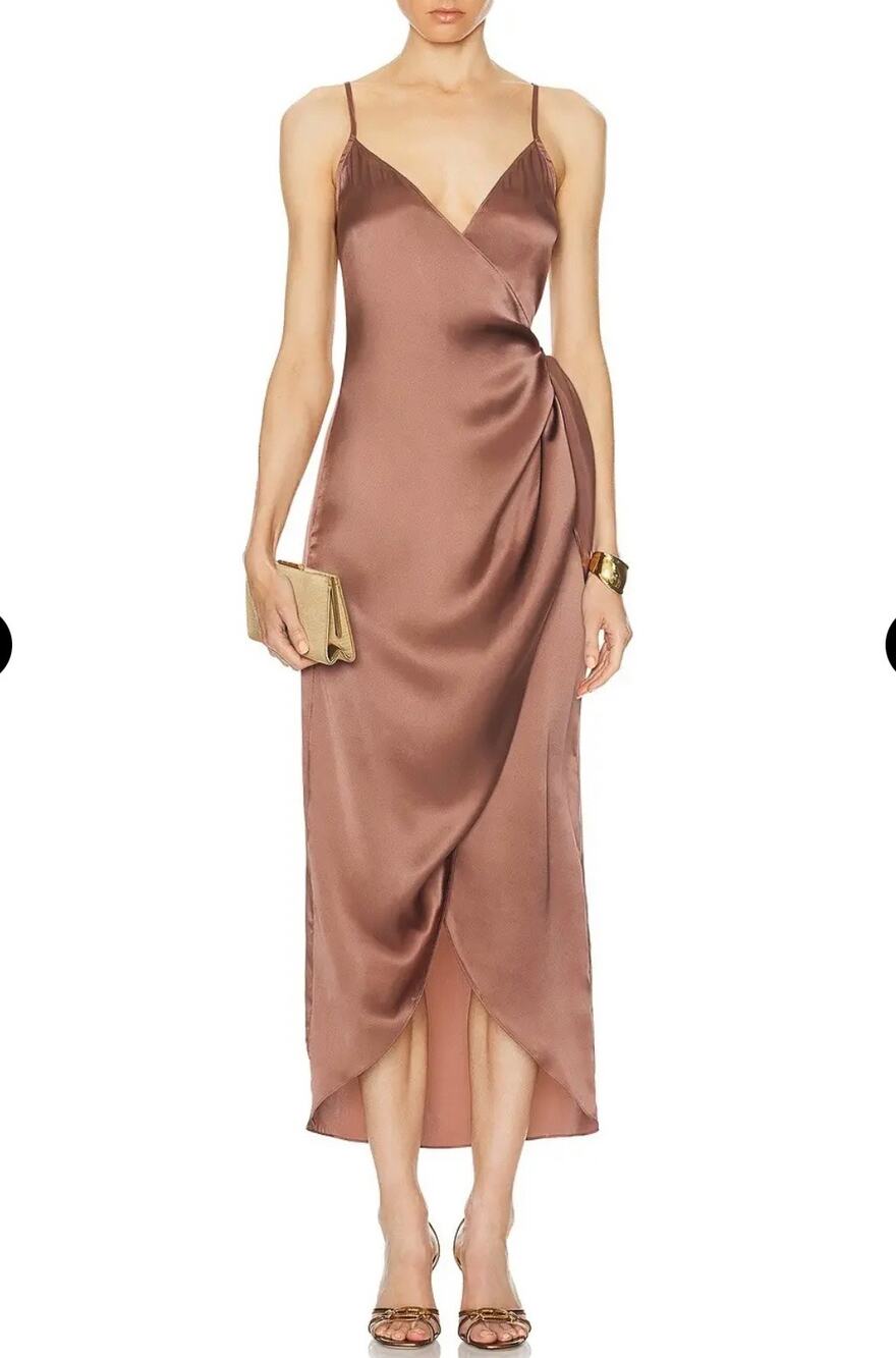 L’AGENCE Amilia Silk Cami Wrap Dress Sparrow Brown Size 10 NWT Flaw